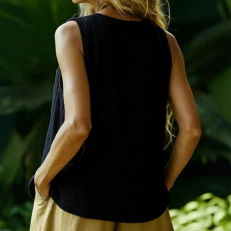 Boho Cotton-Linen V-Neck Button Shirt